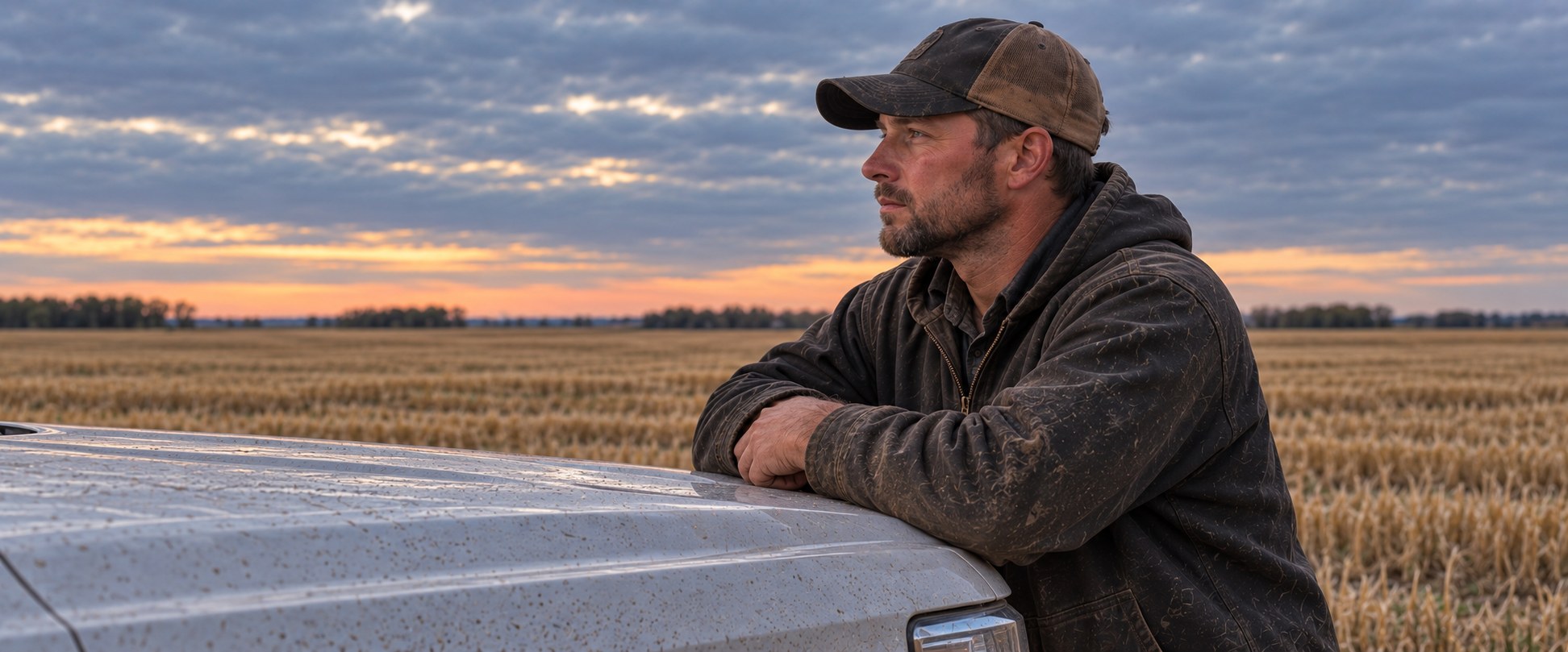 A farmer resting his forearms on a pickup hood, looking across a Saskatchewan field at dusk