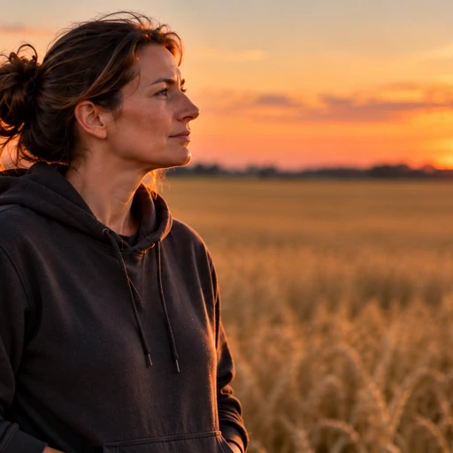 A woman looking thoughtfully across a farm field at sunset