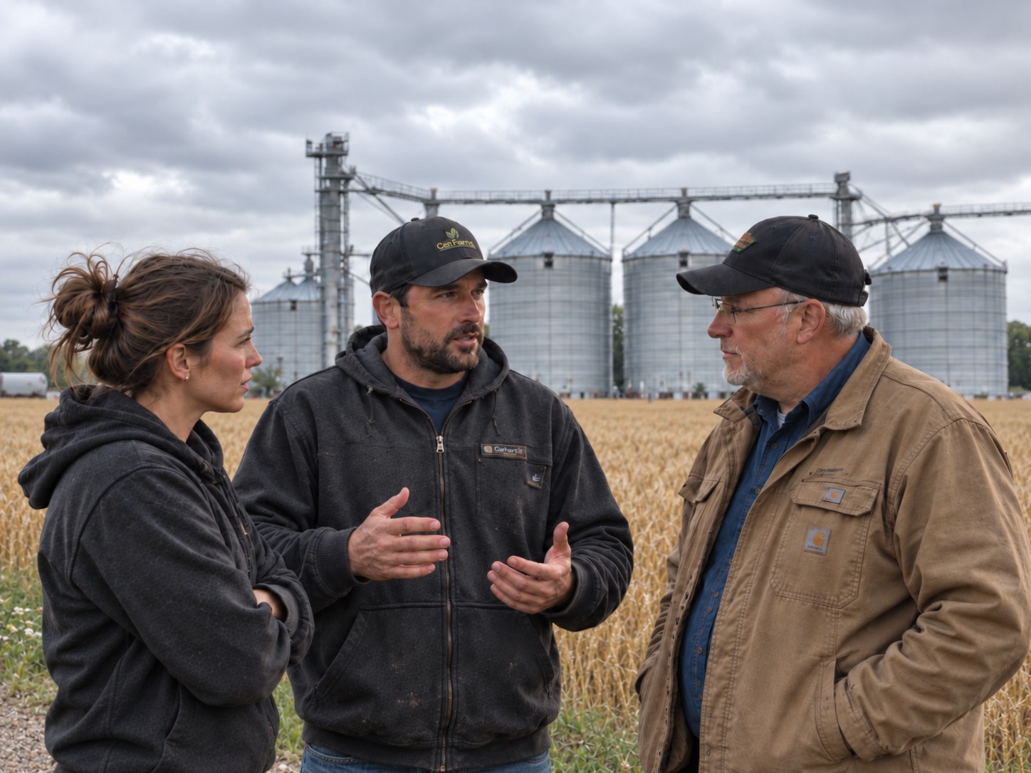 Three farmers in conversation beside a wheat field