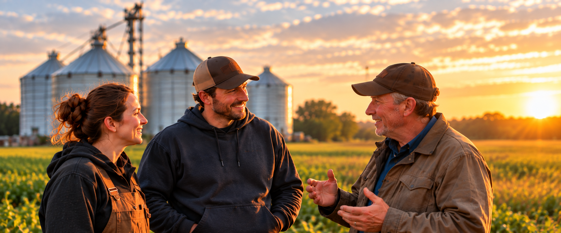 Farmers sharing a conversation beside grain bins at sunset